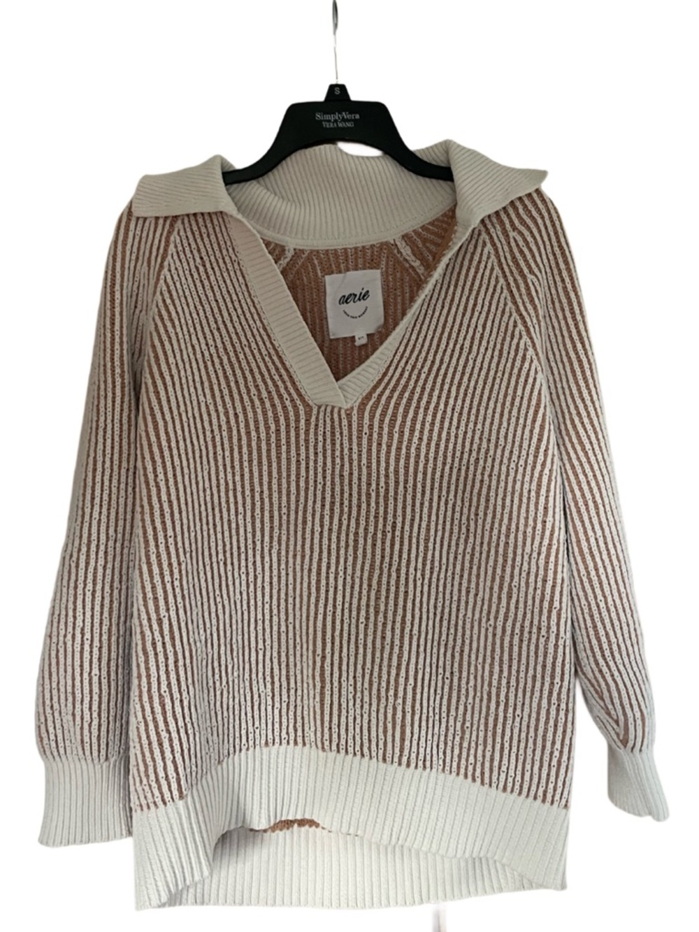 aerie Two-Tone V-Neck Ribbed Sweater - Cream & Brown